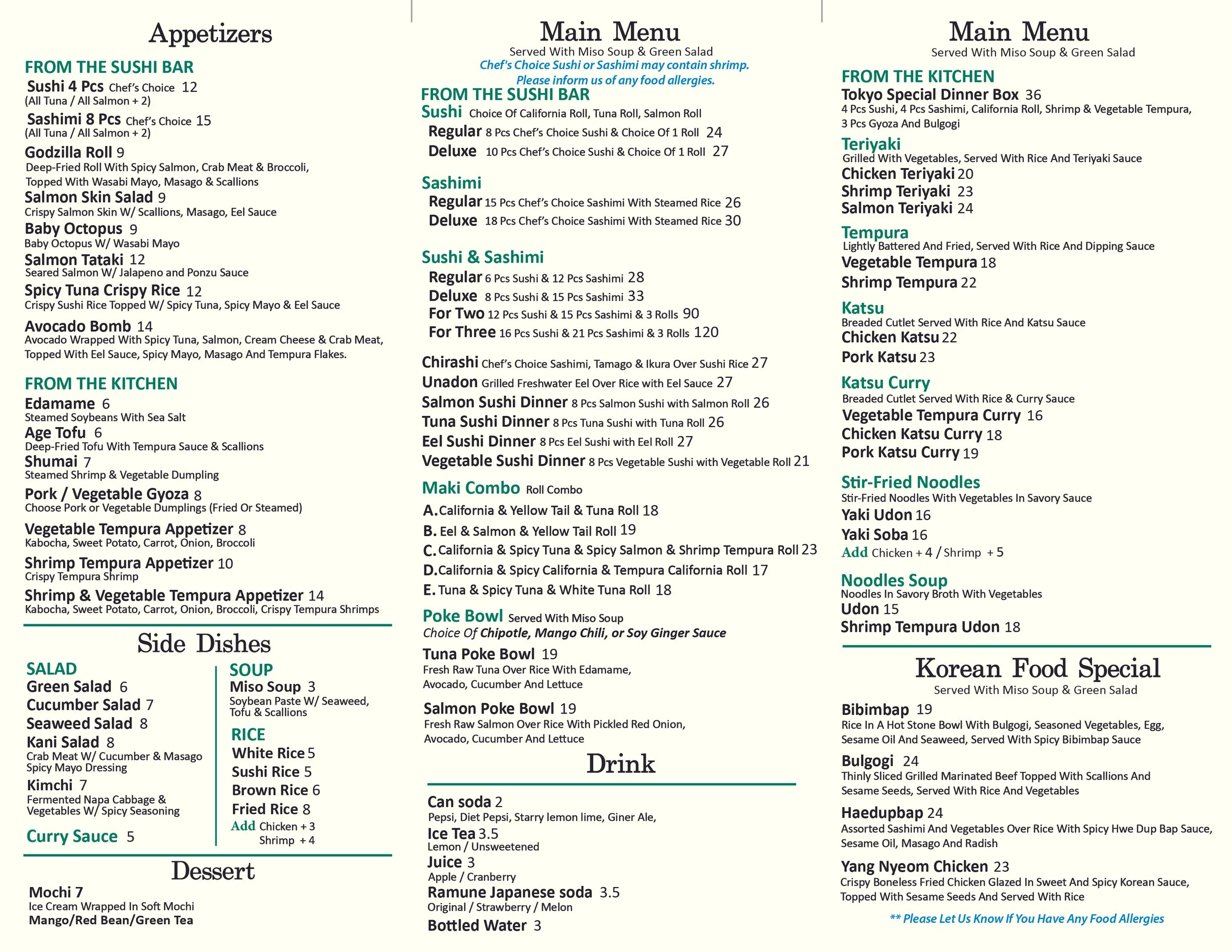 Menu — TOKYO SUSHI NEW PALTZ